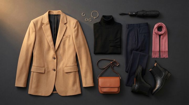 Flat lay showing a date night layering system with blazer, knit, and accessories