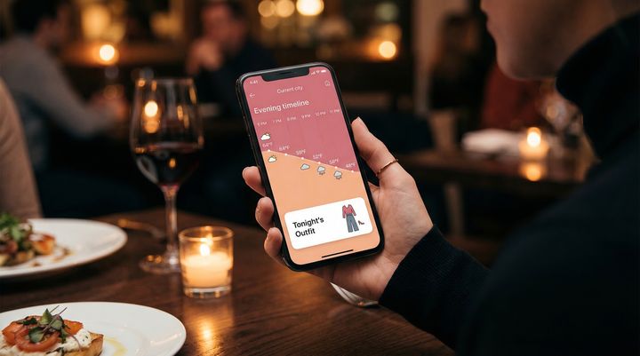 Smartphone showing evening weather timeline with outfit recommendation