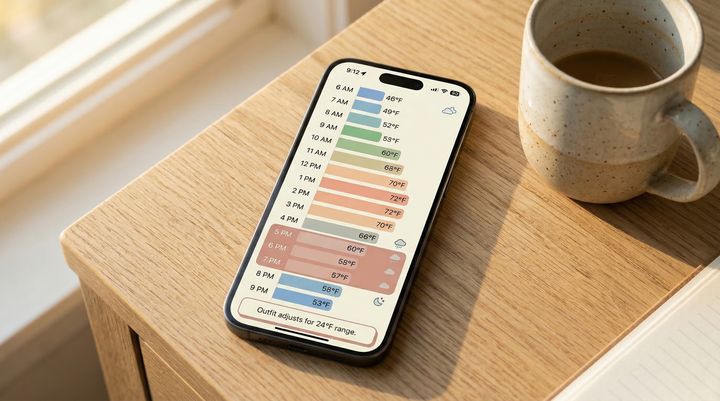 Dresr hourly timeline showing temperature changes throughout the day with outfit adjustments