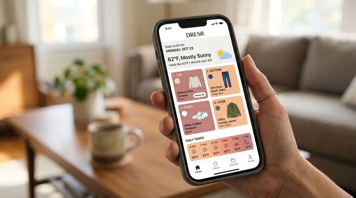 Dresr daily outfit screen showing weather summary and complete outfit recommendation