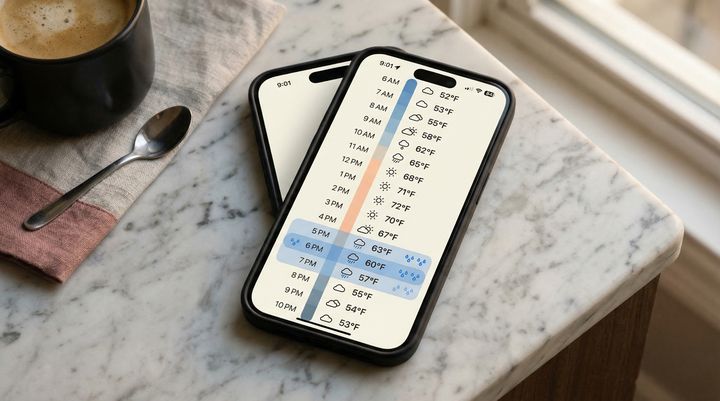 Dresr daily timeline showing hourly weather data with temperature and condition changes