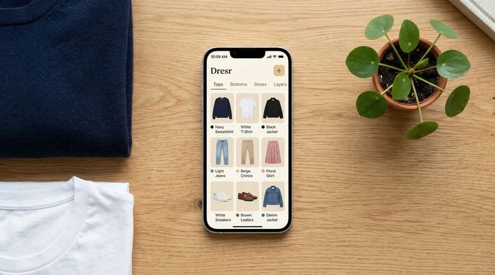 Dresr wardrobe screen showing organized clothing items with photos and color tags