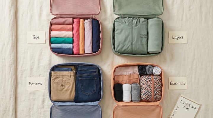 Packing cube strategy showing organized suitcase with tops, bottoms, layers, and accessories