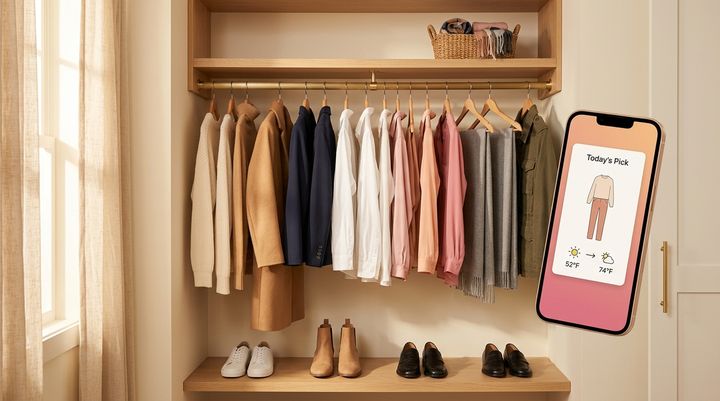 AI-powered closet concept showing dress, shirt, and shoe icons being matched intelligently