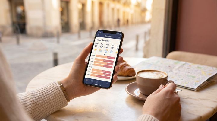 Phone showing destination weather forecast alongside packing recommendations