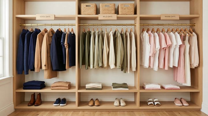 Organized closet with clothing arranged by category for easy outfit planning
