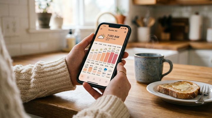 Smartphone showing hourly weather timeline alongside outfit recommendation