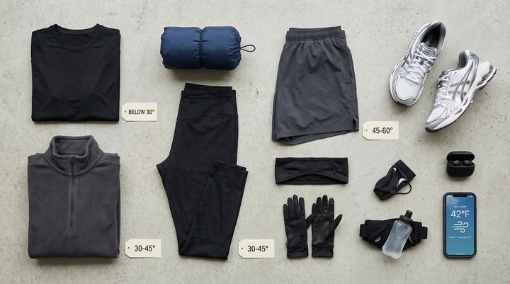 Flat lay showing workout layering system for different temperatures