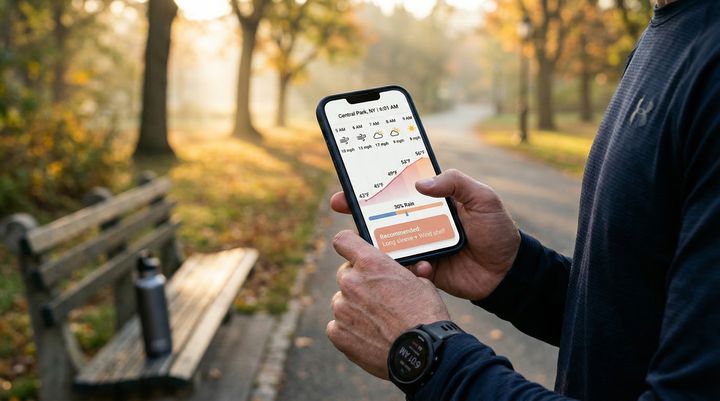 Smartphone showing hourly weather timeline for planning a morning run