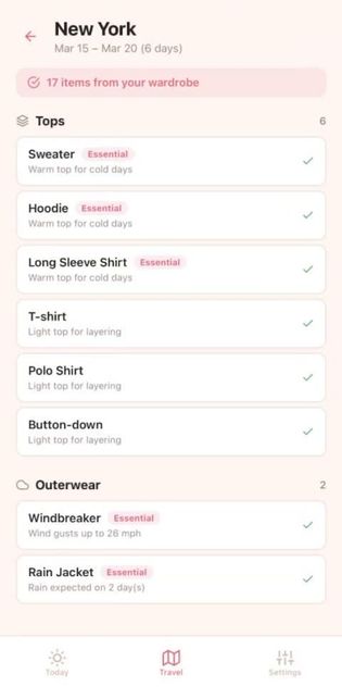 Dresr travel packing list screen